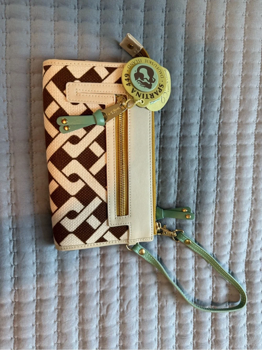 Spartina 449 Brown, Cream & Mint Geometric Wristlet